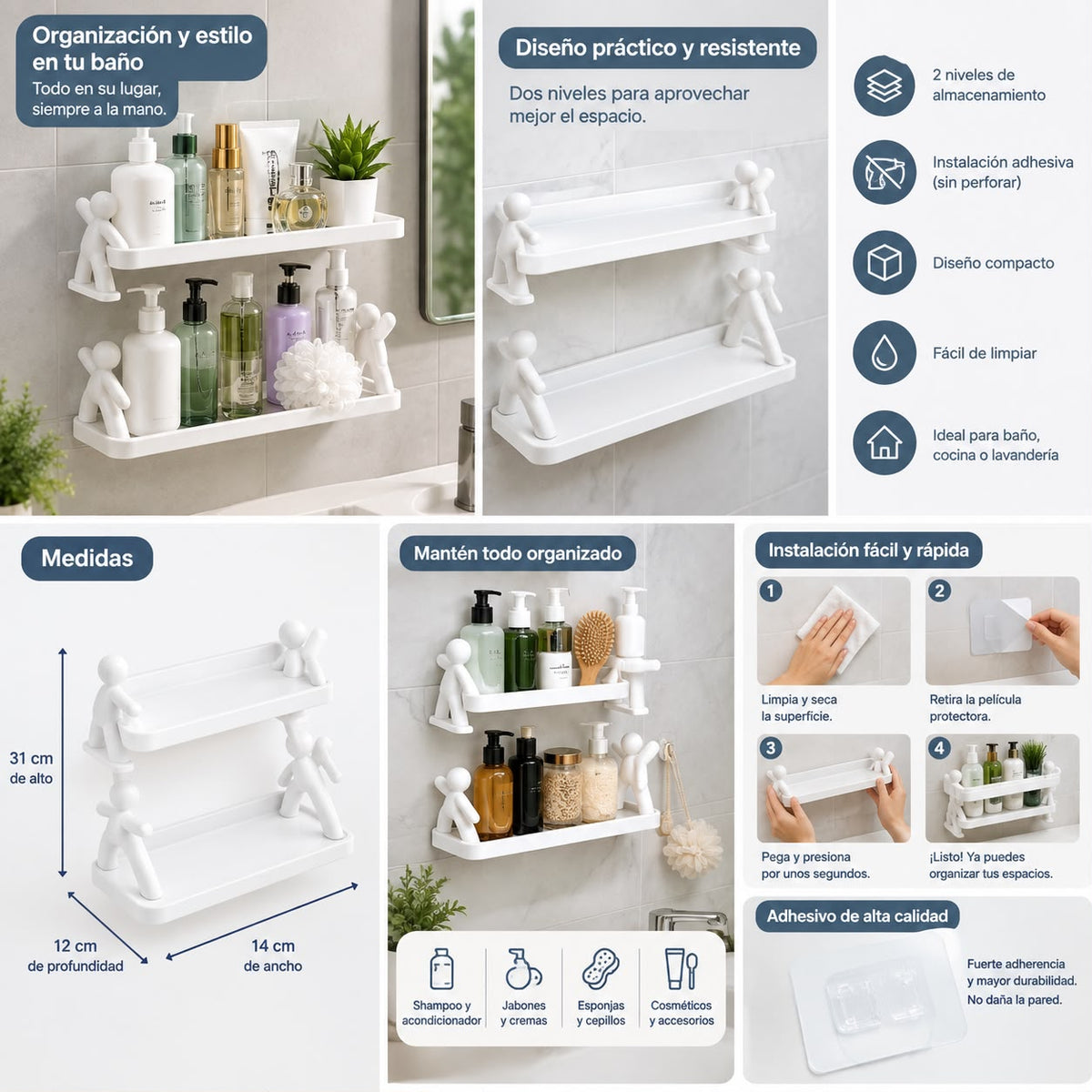Estante Organizador Adhesivo para Baño - 2 Niveles