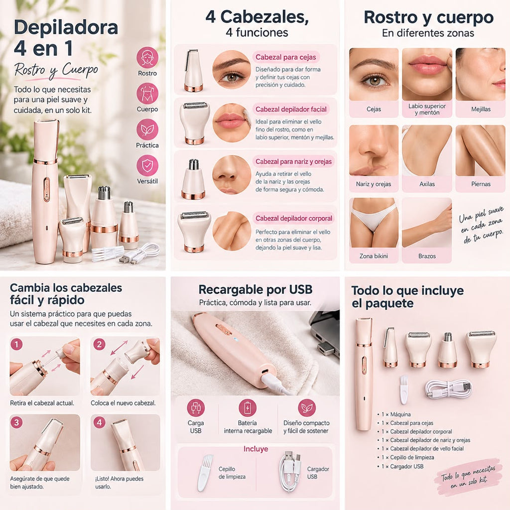 Depiladora 4 En 1 Recargable - Rostro y Cuerpo