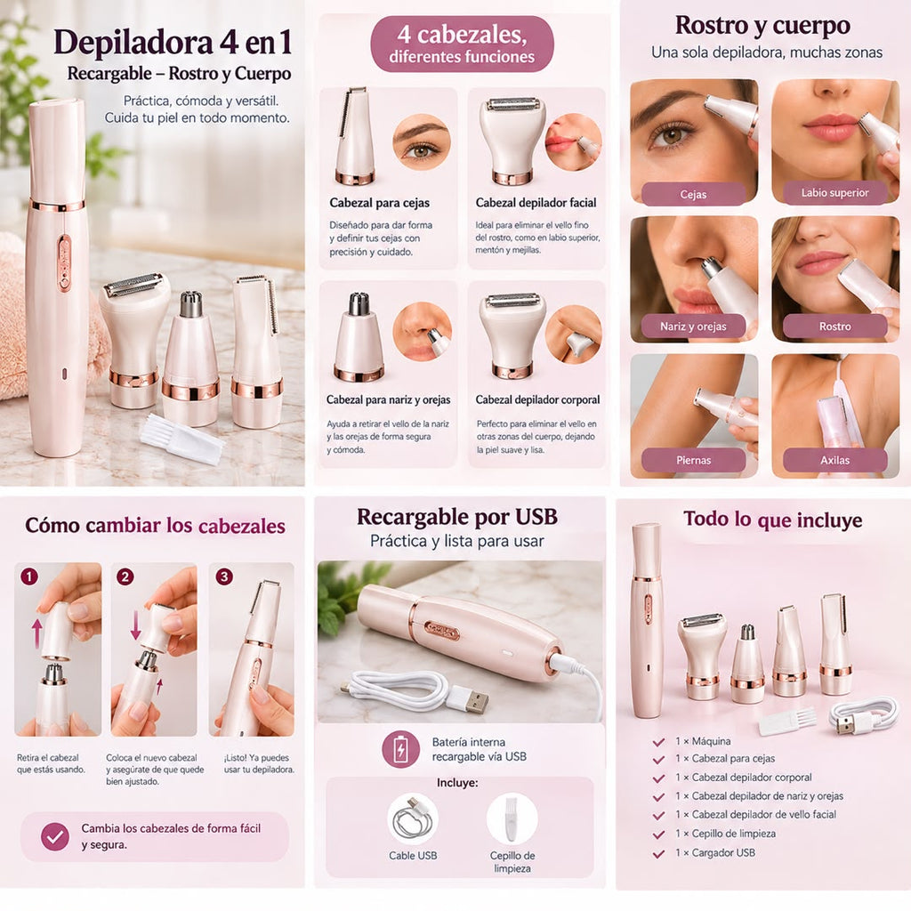 Depiladora 4 En 1 Recargable - Rostro y Cuerpo